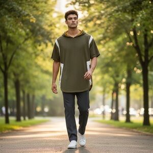 Men's Olive Green Hooded Short Sleeve Shirt